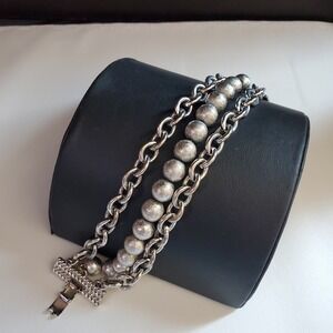 Monet Vintage Silver Tone Triple Strand Chain and Textured Bead Bracelet 6.75 in